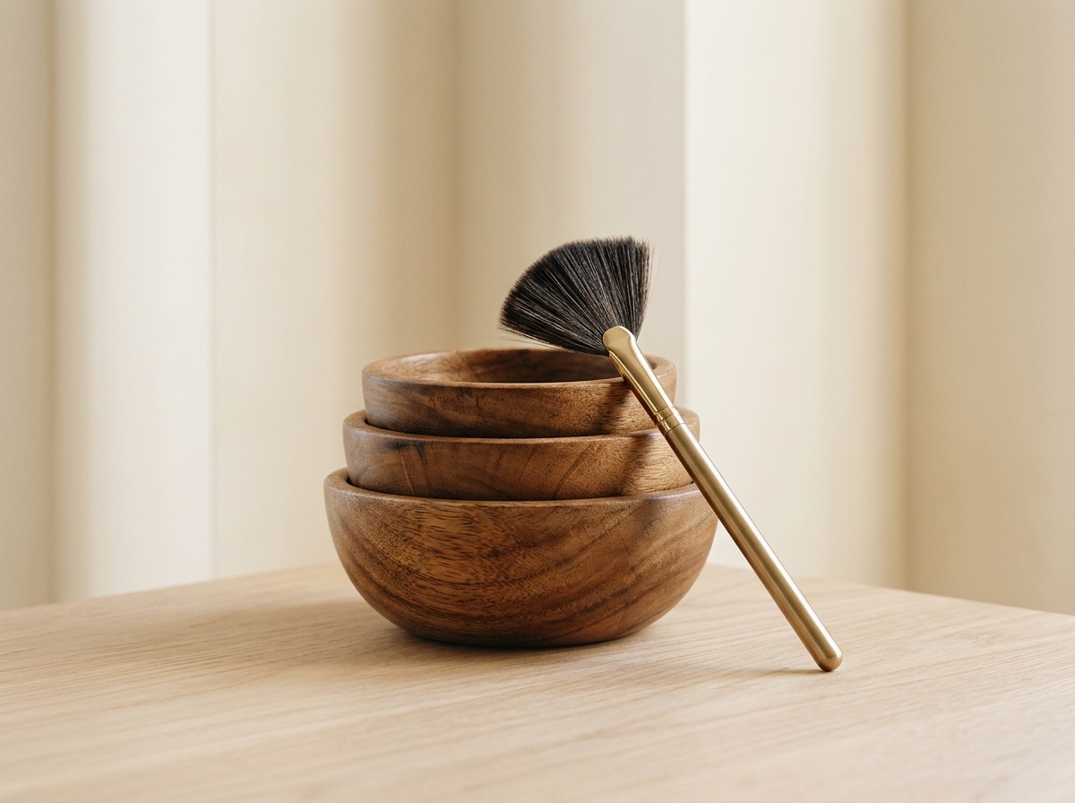 Wooden bowls and a fan brush